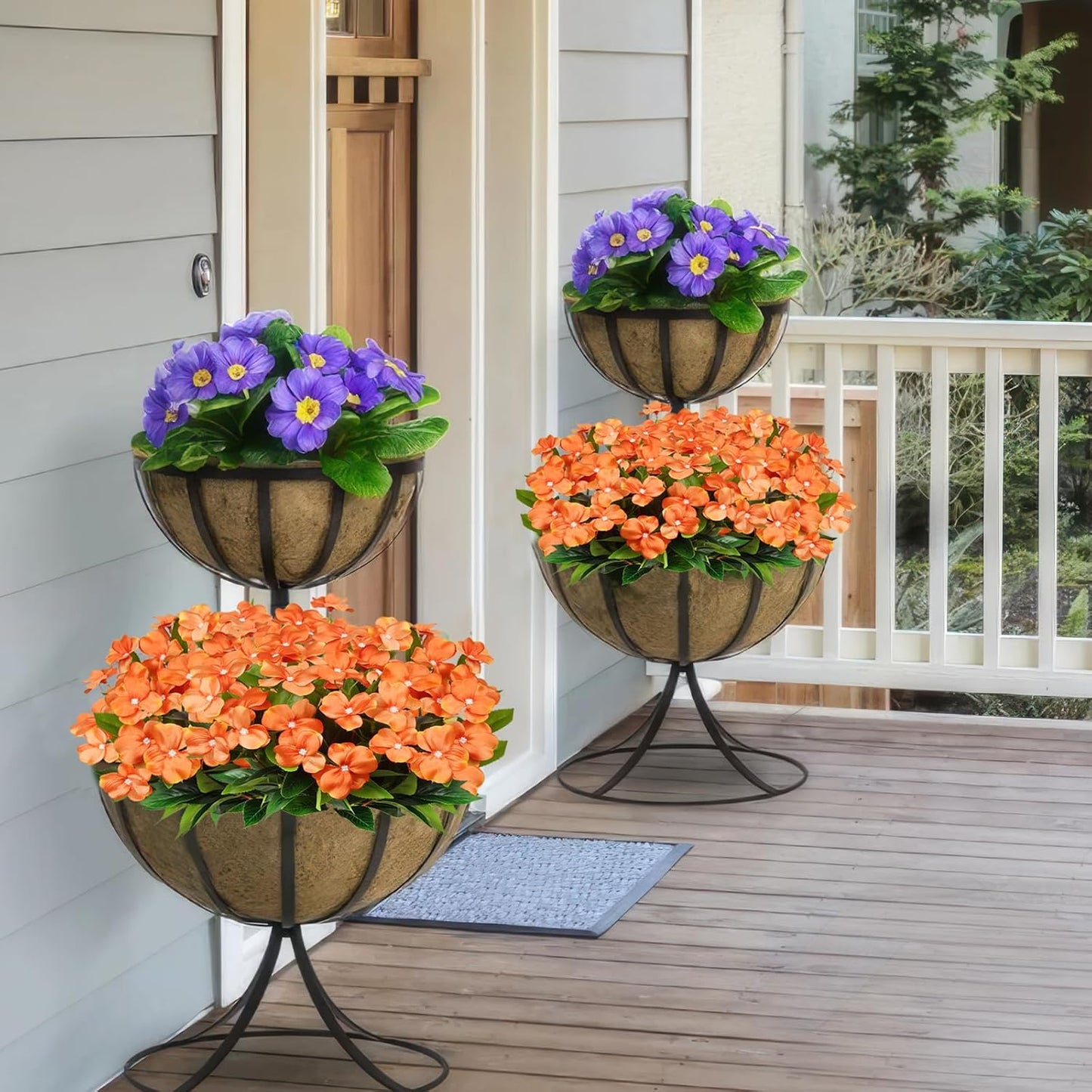 2 Pcs Artificial Impatiens Flowers for Outdoors Silk Flowers Bushes Greenery Bouquet Orange Faux Impatiens for Outdoor Planters Patio Lawn Garden Pot Hanging Basket Porch Home Fall Decoration