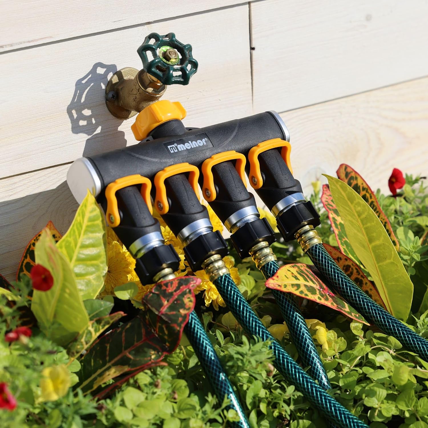 Melnor 65135AMZ 4 Way Lever Flow Through Valve Connector Bundle, Yello