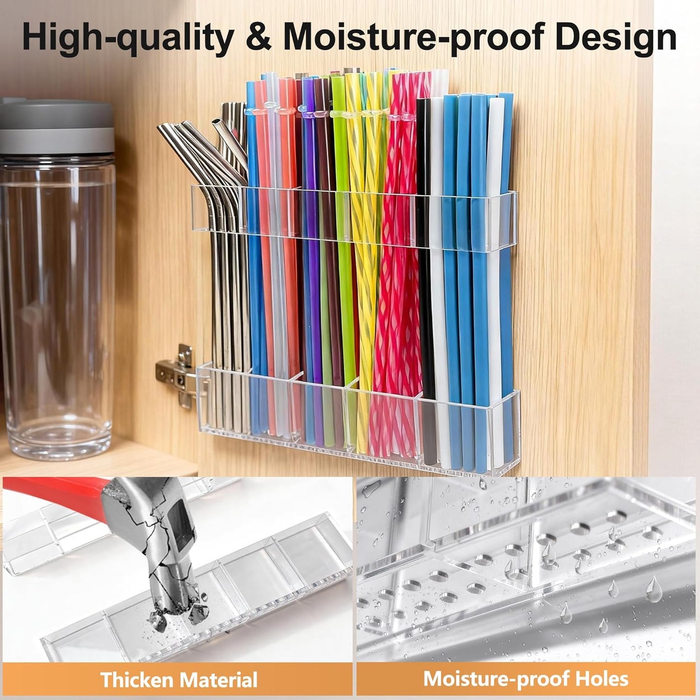 9.5” Large Acrylic Straw Holder for Cabinet Door, Reusable Adjustable 