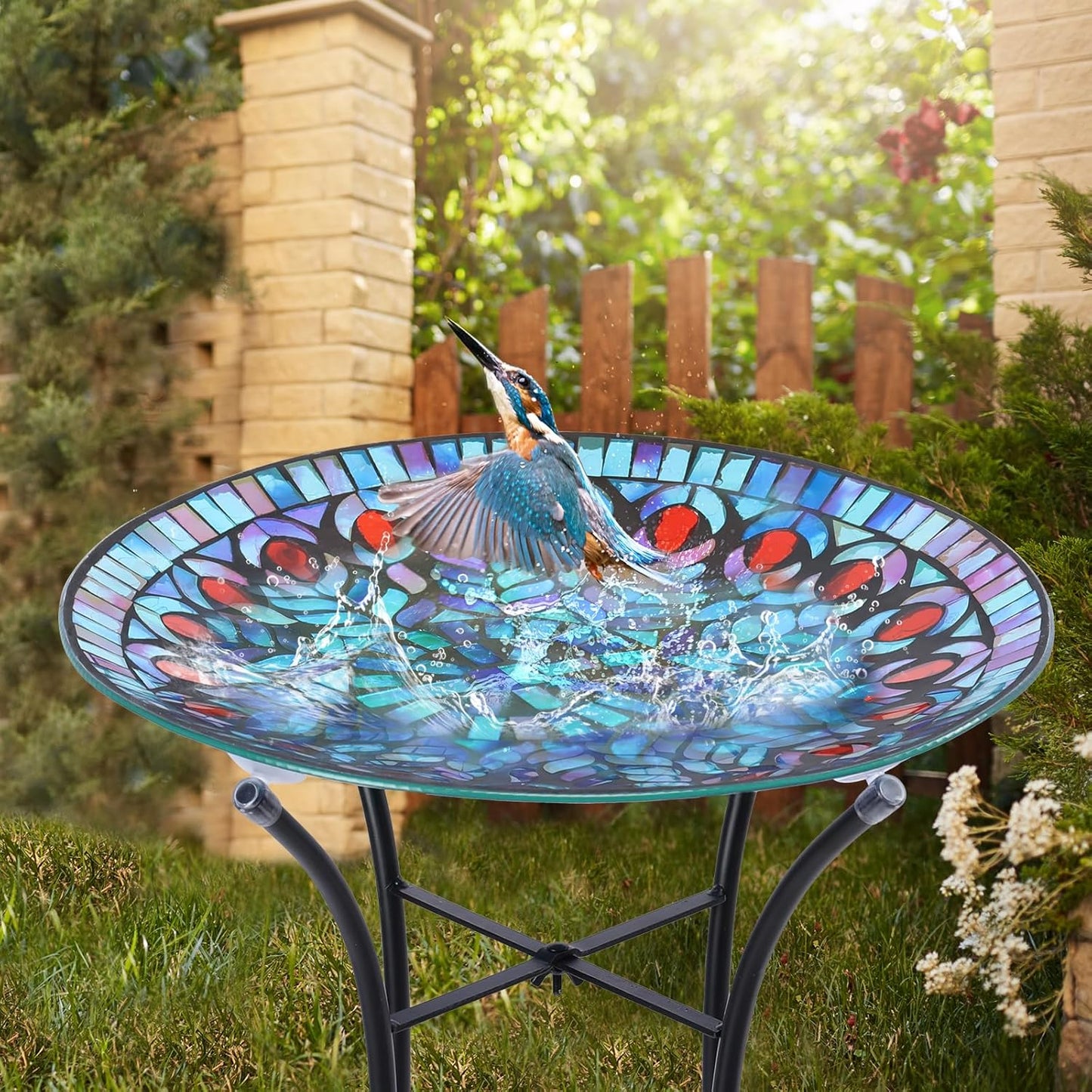 VCUTEKA Mosaic Bird Bath, Glass Birdbath Detachable with Metal Standin