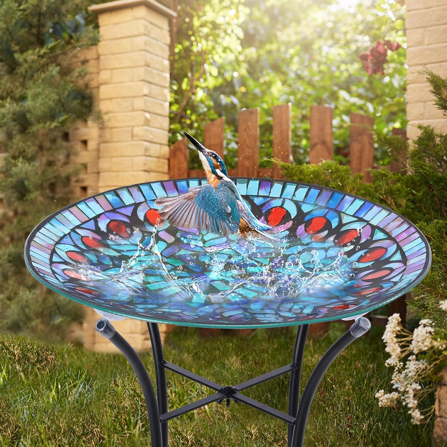 VCUTEKA Mosaic Bird Bath, Glass Birdbath Detachable with Metal Standin