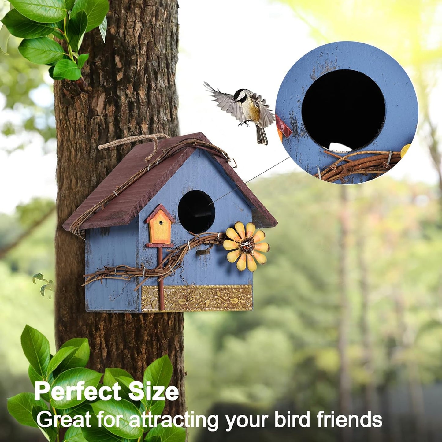 Hanging Bird Houses for Outside Decorative Birdhouse, Garden Bird Feeders for Outdoors, Blue Wooden Bird Nest Box for Wren Finchs Hummingbird Cardinal Bluebird Wild Birds, Gift for Bird Lovers