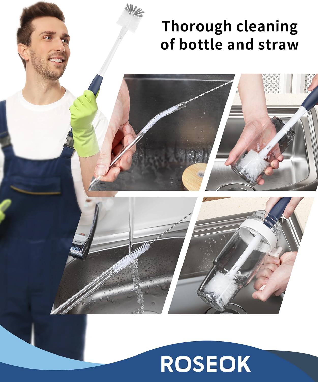 2 in 1 Long Handle Bottle Brush with Straw Brush for Cleaning Glass, S