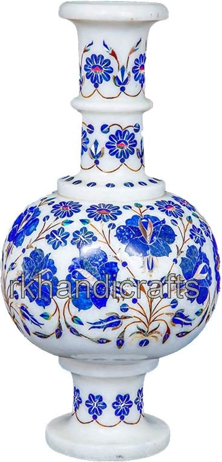 Lapis Lazuli Stone Plant Stand with Inlay Work White Marble Flower Pot from India Vintage Art and Crafts 12 Inches