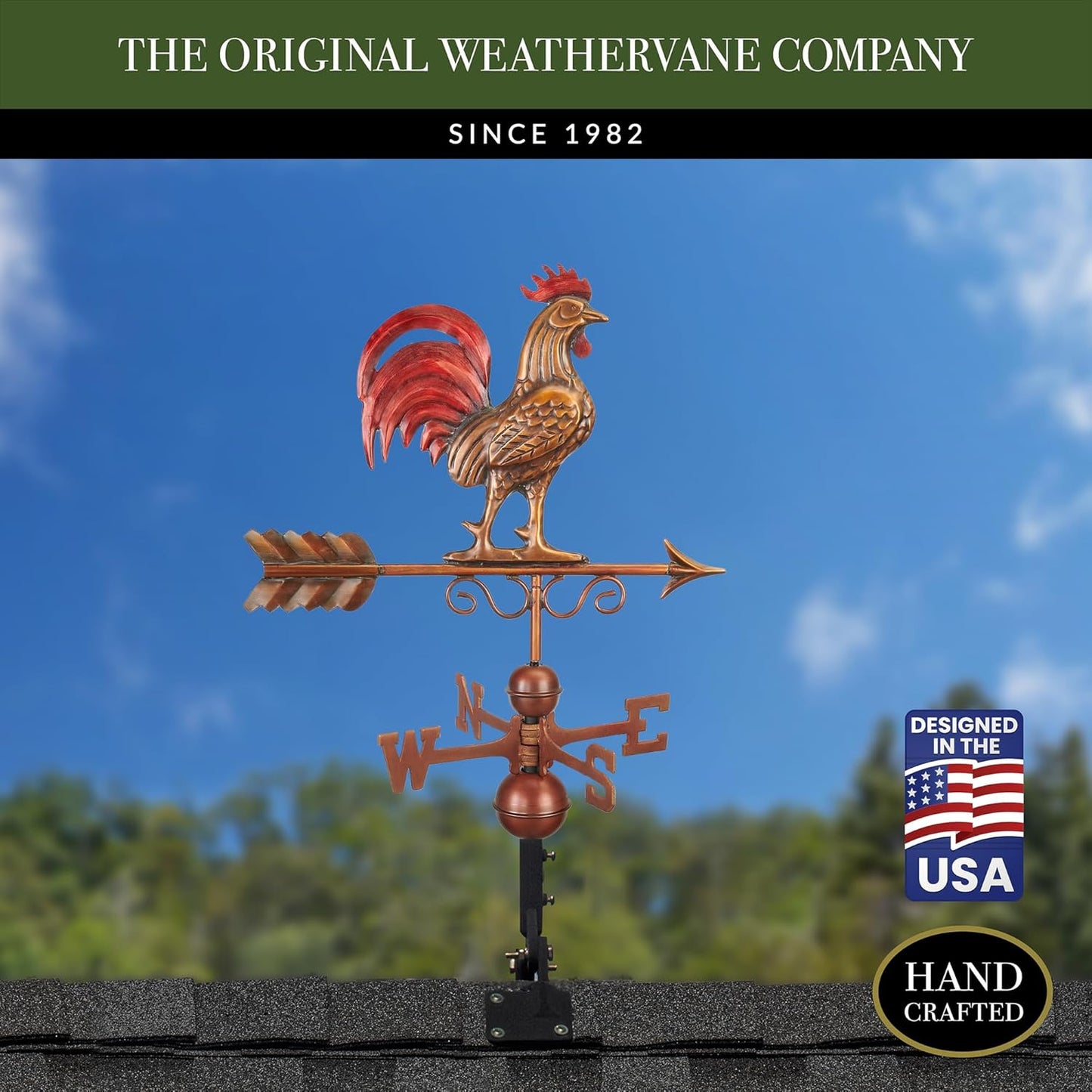 Good Directions Bantam Red Rooster Copper Weathervane, Hand Finished Multi Color Patina