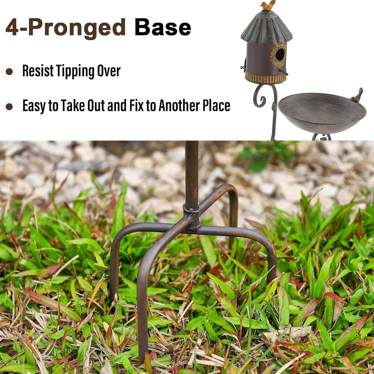56" Tall Bird Baths for Outdoors, Metal Bird Bath and Birdhouse with Pole, Garden Bird Houses with Feeder on Stake, Standing Birdbath and Bird House for Outside, Outdoor Birdbaths with 4-Prong Base