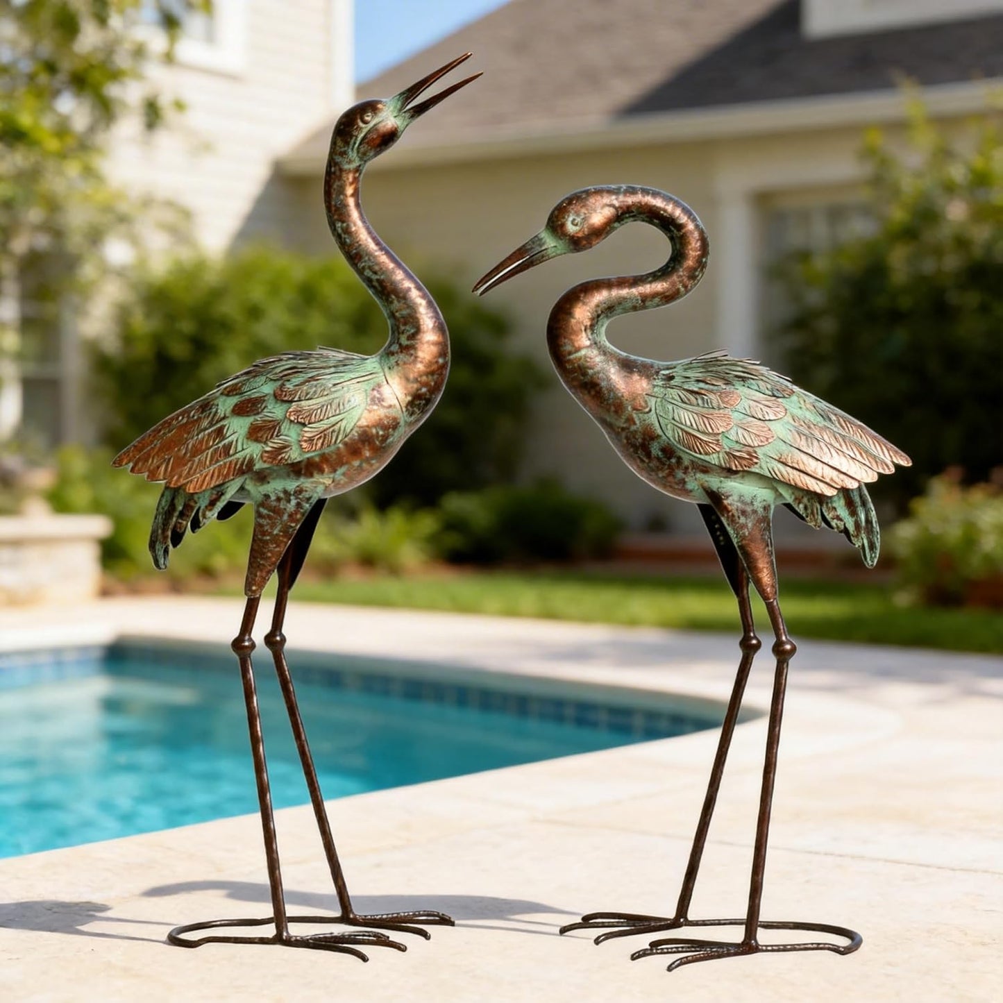 Shorayn Garden Crane Statues, Blue Heron Sculptures for Outdoor, Cranes Decor Metal Bird, Patina Garden Art Lawn Ornaments for Yard Patio Porch Outside Decorations