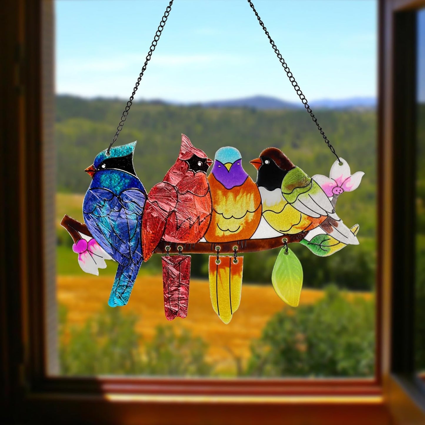 Stained Glass Window Hanging, Birds on A Branch Stain Glass Suncatcher