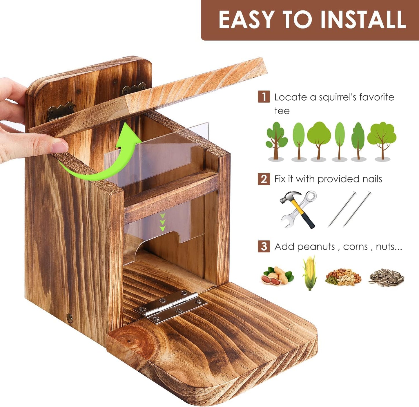 MIXXIDEA Wooden Squirrel Feeder Box, Sturdy Squirrel Feeding House with Thickness 1.5CM Wood, No Assembly Required, for Backyard Outside Garden (1 PCS)