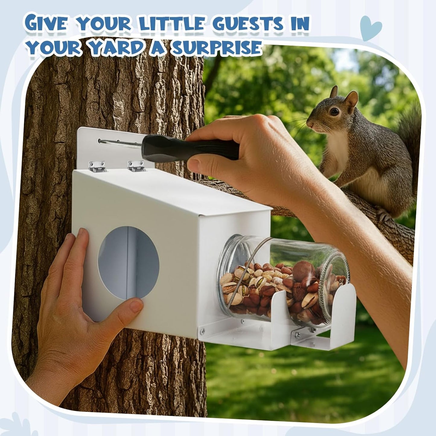 LemonRoad Squirrel Feeder for Outside, Metal Chipmunk Feeder with Removable Clear Glass Jar, Enjoying Squirrels Eating Corn Seeds, Easy to Fill Clean, Prevent Birds ? Animals Stealing Food