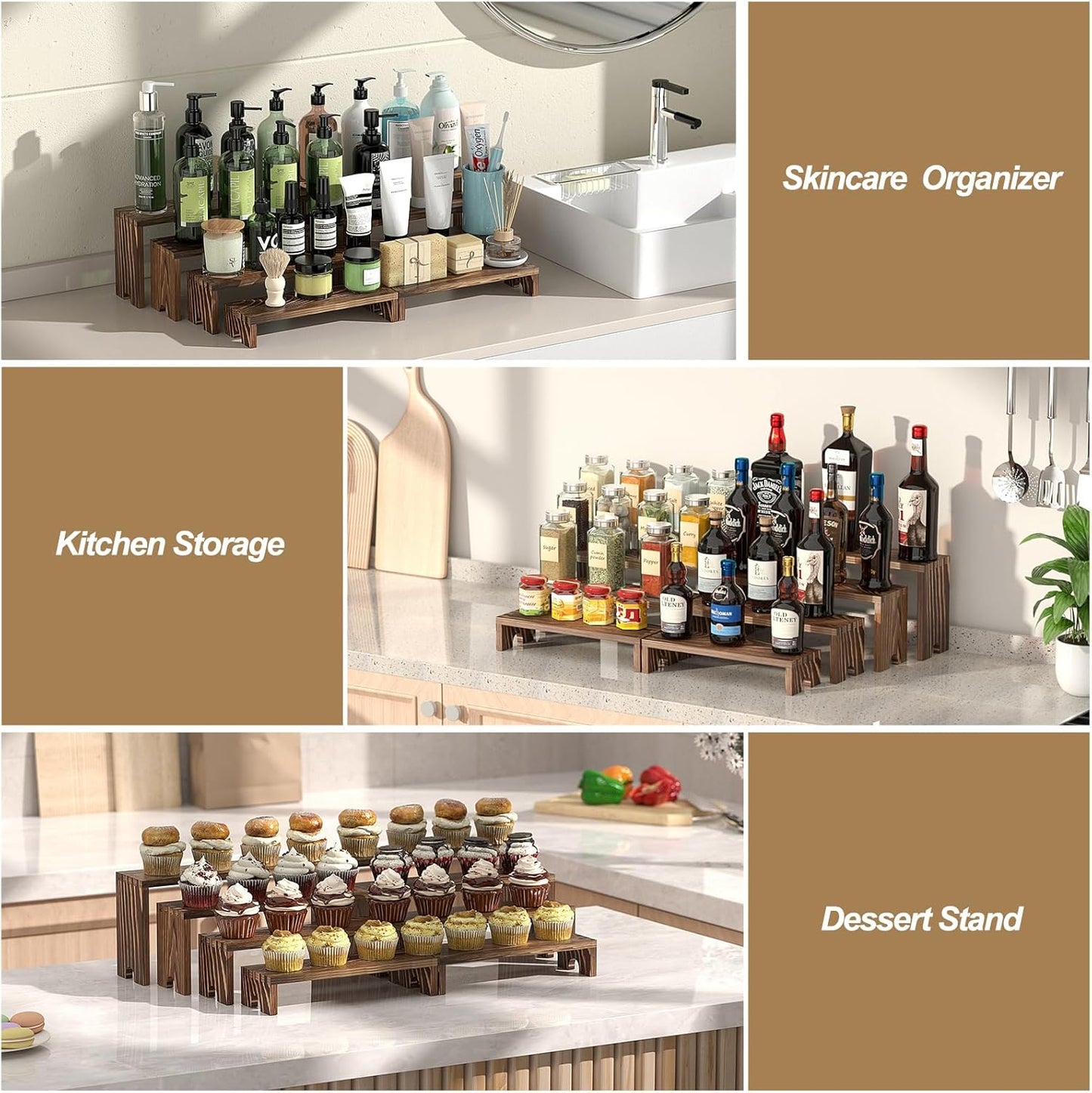 2 Set Wooden Tiered Risers Display Stands for Vendor Events,Stackable Wooden Cupcake Display Stand,Farmhouse Decor Wood Dessert Table Display Set,Vendor Booth Display Items,Food Display Risers for Party（12-11.2-10.4-9.6IN）