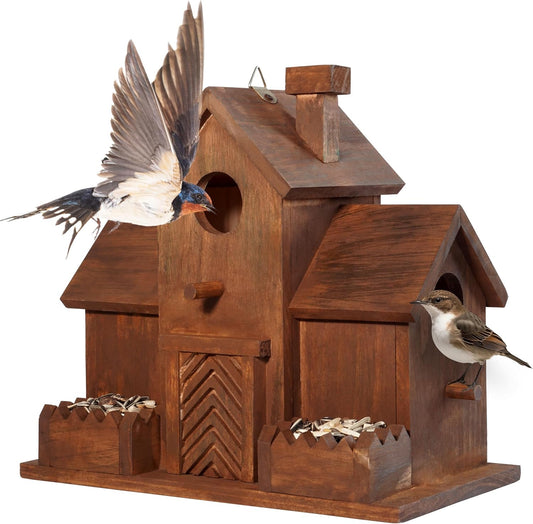 MIXUMON Bird Houses for Outside with Bird Feeder, Outdoor 3 Hole Bird 
