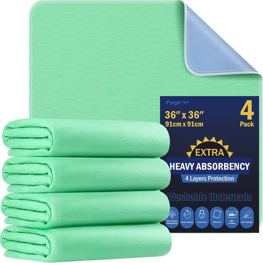 4 Pack 36” x 36” Extra Heavy Absorbency Washable Underpads, Waterproof