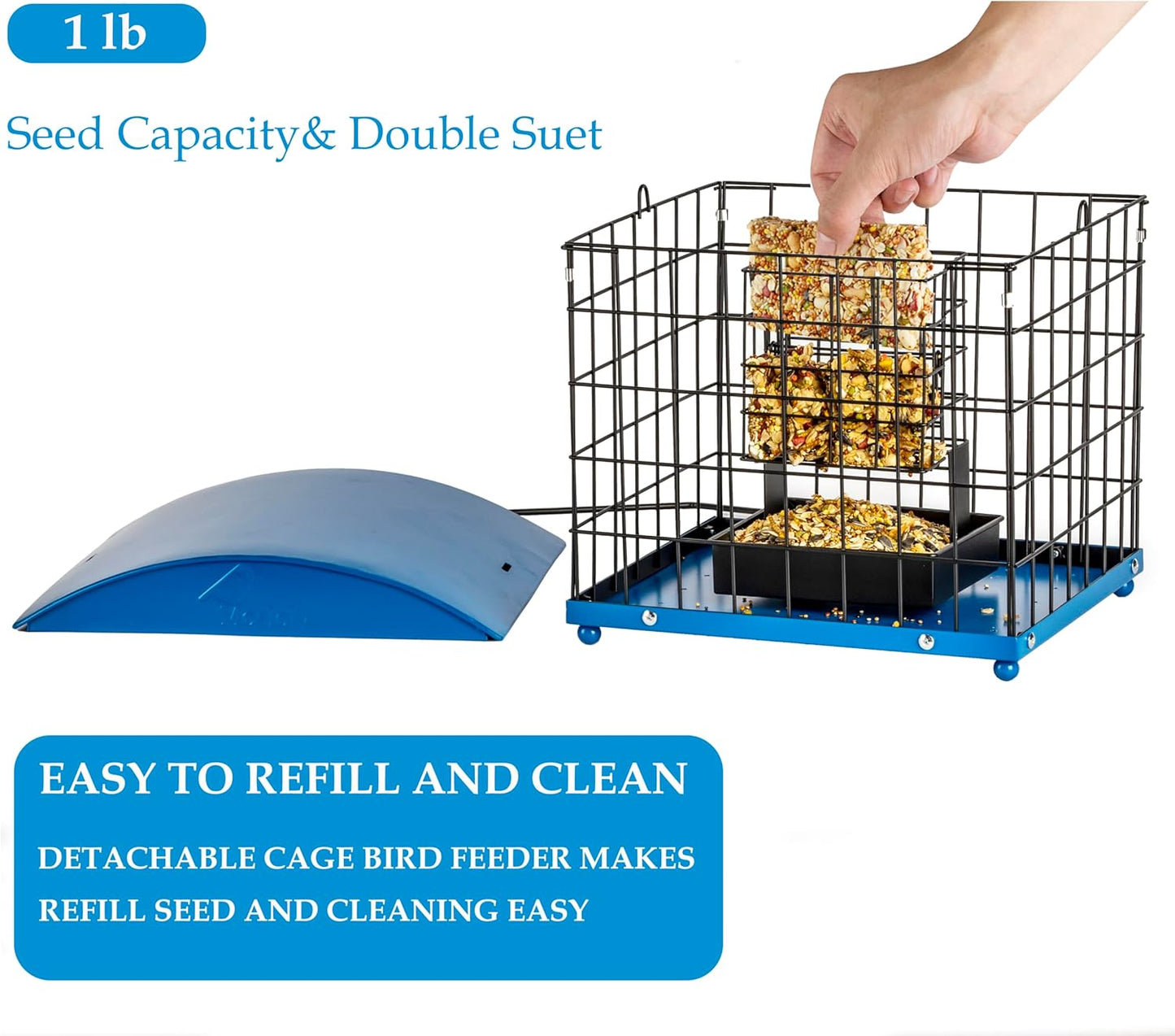 Caged Suet Bird Feeders Squirrel-Proof, Dual-Purpose Suet &Seed Wild Bird Feeders with Tray, Starling-Proof Metal Caged Bird Feeders Outdoors Hanging, 2 Suet Cakes+1lb Seed Capacity, Blue