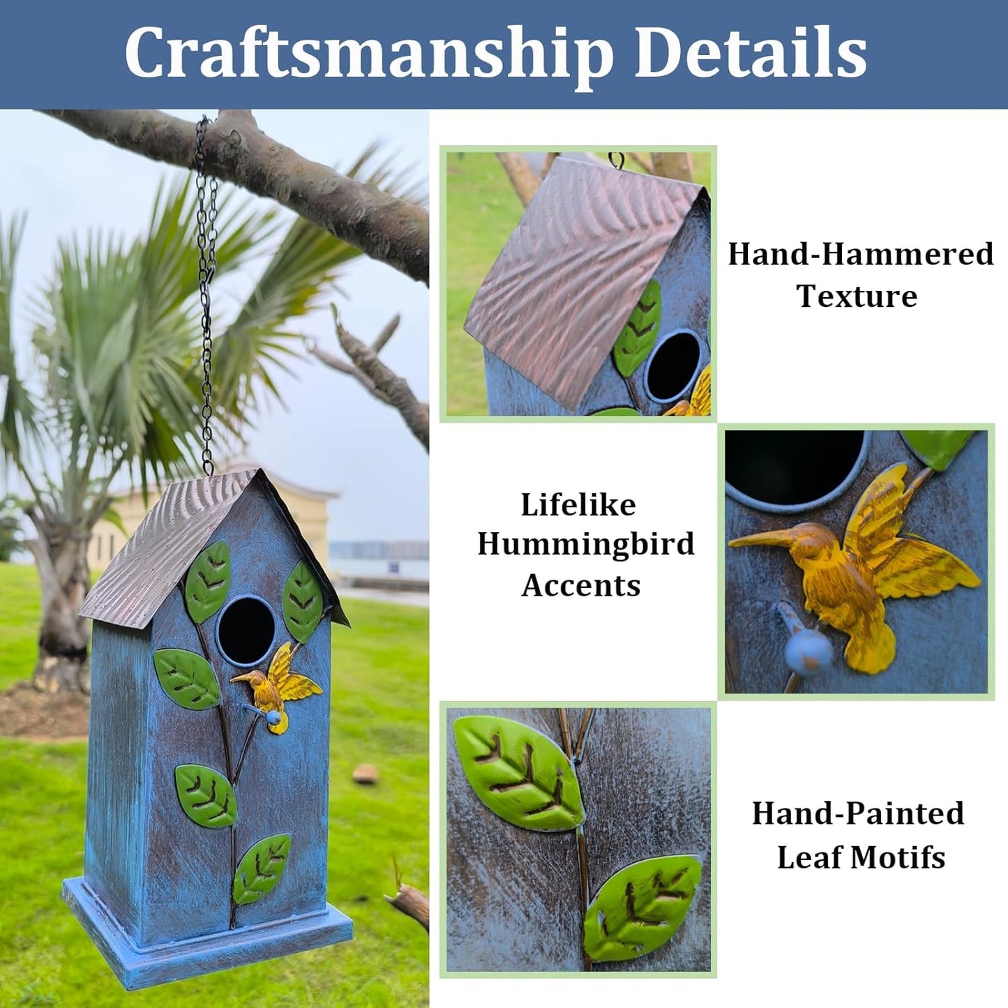 Metal Bird House for Outside - Elegant & Durable Hanging Birdhouse with Rustic Brown Roof & Vibrant Blue Design - Includes S-Hook for Easy Hanging (23.46in Tall)