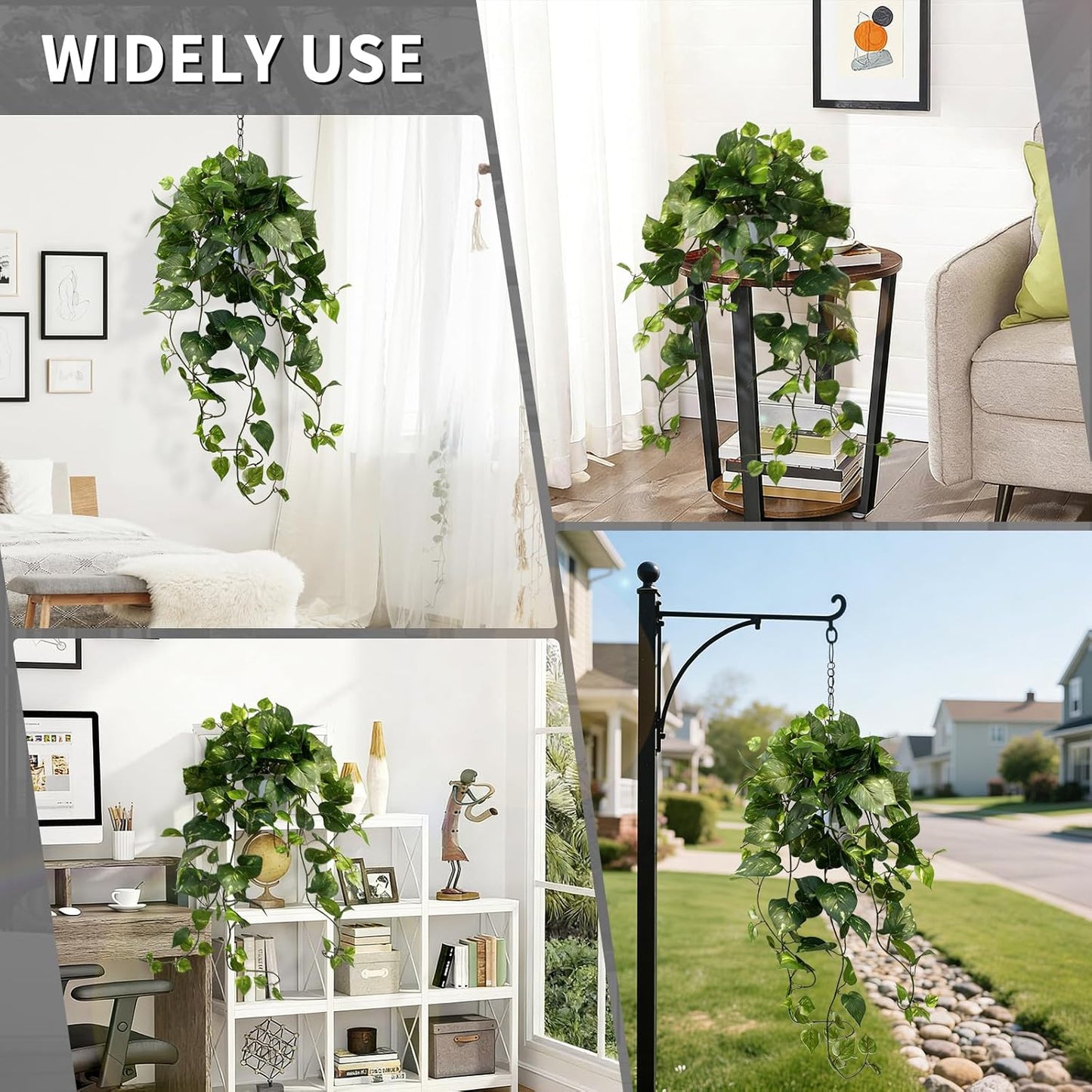 LOYWREE Artificial Plants Fake Pothos in Plastic Pot - Artificial Scindapsus Aureus Faux Potted Plant with Trailing Vines for Indoor Outdoor Decor, Home Office Bedroom Shelf Decoration（White Pot）