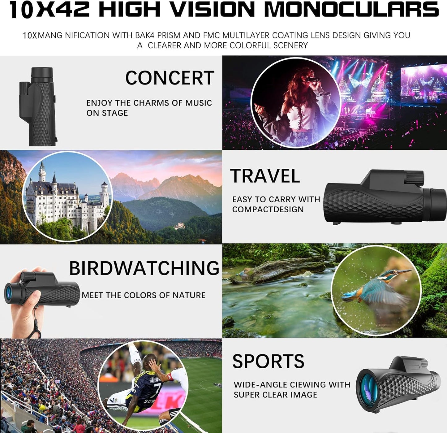 Monocular Telescope 10X42 Compact Monoculars for Adults High Porwered Monoculrar with Smartphone Adapter &Tripod HD Monocular for Viewing Wildlife Hunting Bird Watching Hiking Traveling