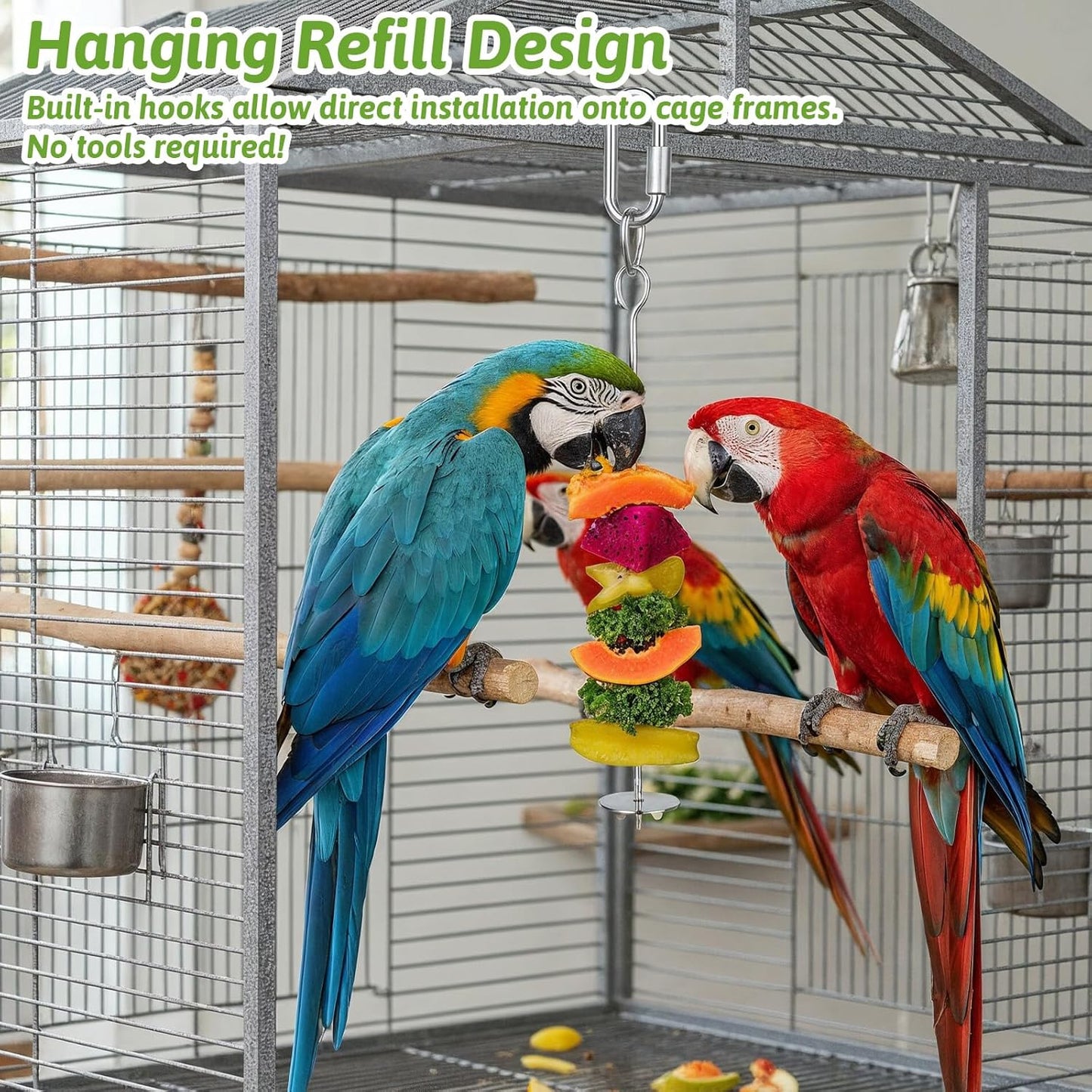 Bird Cage Food Holder, 3 Pcs Bird Treats Skewer Stainless Steel Parrot Foraging Toys Hanging Fruit Vegetable Feeder for Macaw Parakeet Budgie (3 Sizes)