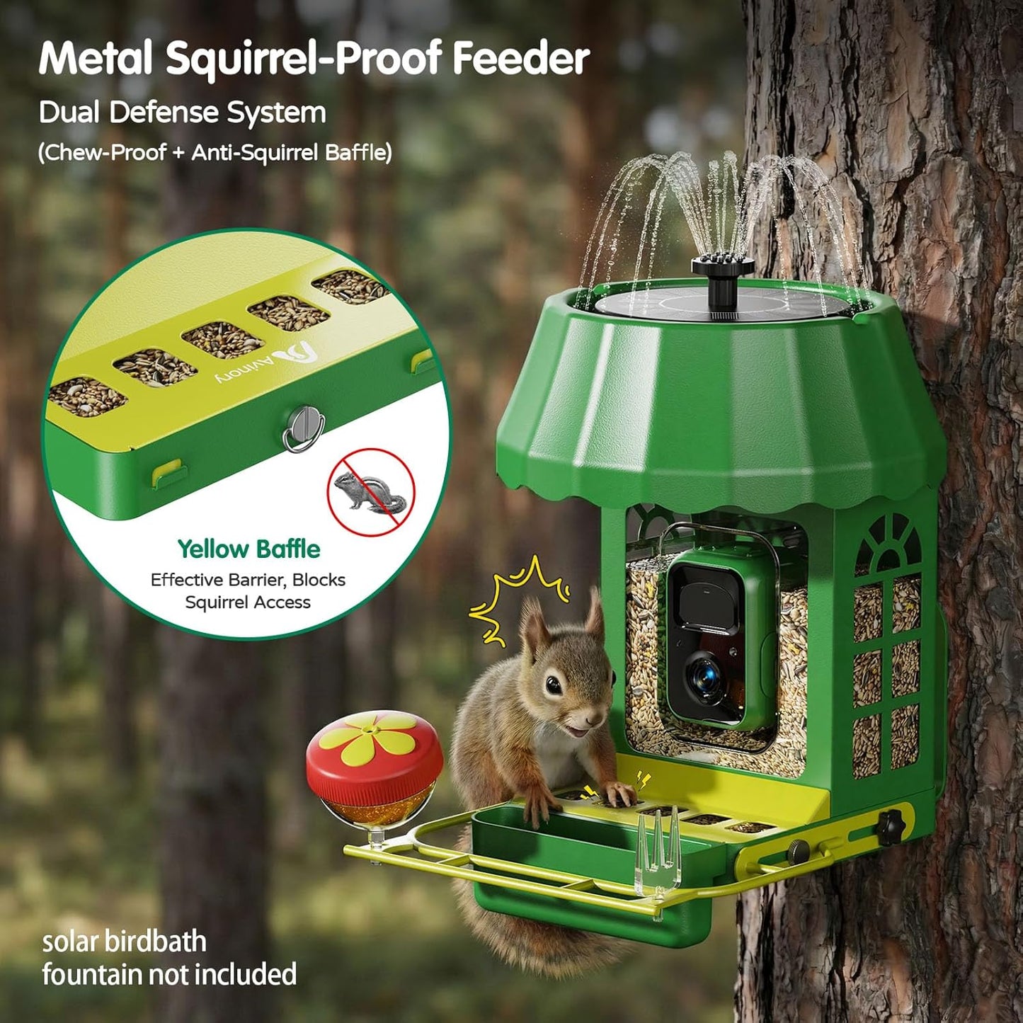 Avinory Smart Bird Feeder with Camera 2.5K HD, Solar Powered AI Bird Identifier 10000+ Species, 32GB Card, Wireless,with Night Vision,Metal Squirrel Proof for Outdoor Birds Watching Gift