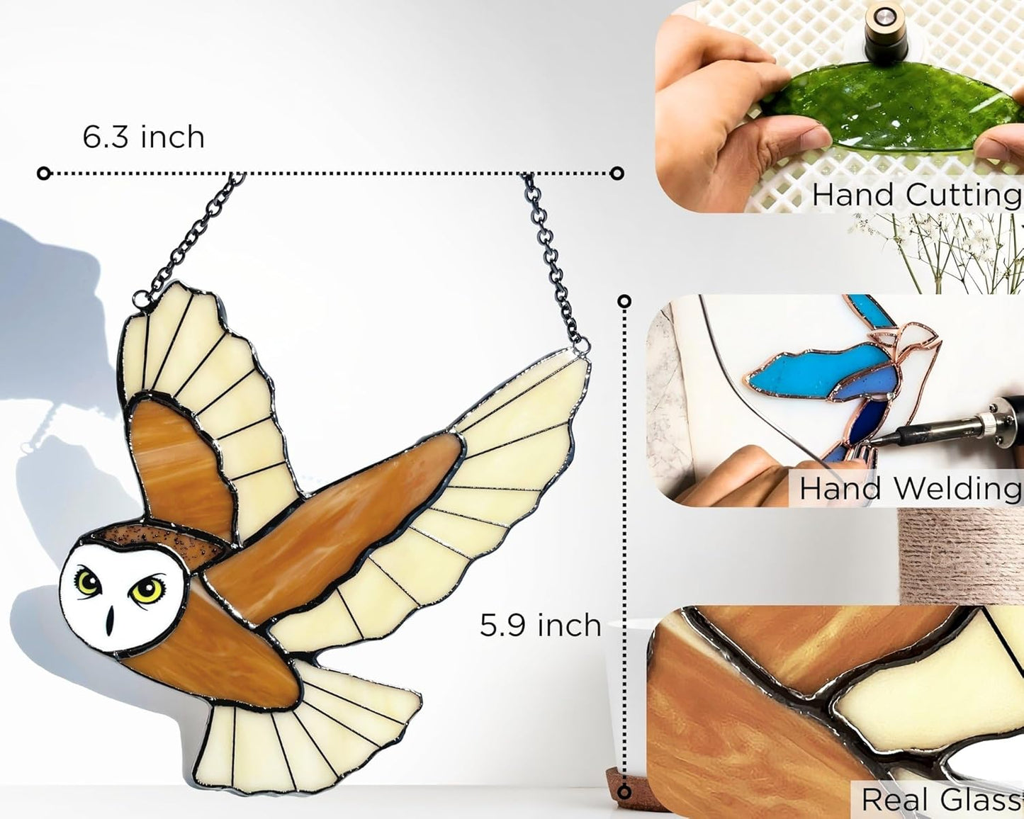 Halloween Owl Stained Glass Window Hanging for Women, Mom, Grandma - Handmade Real Glass Bird Suncatcher - Elegant Gifts Box Home Decor (H5.9xW6.3 inch)