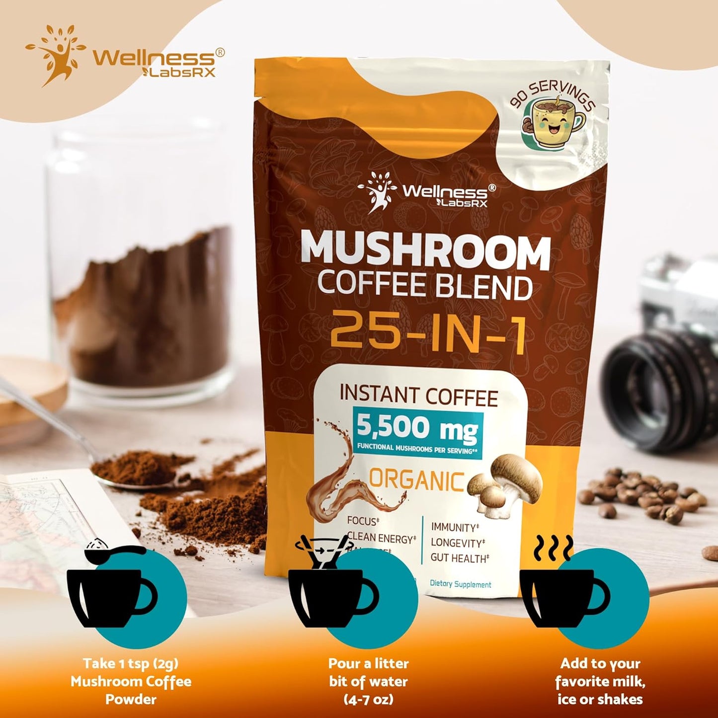 Mushroom Coffee Organic Instant Coffee, 25-in-1, Third-Party Tested Ke