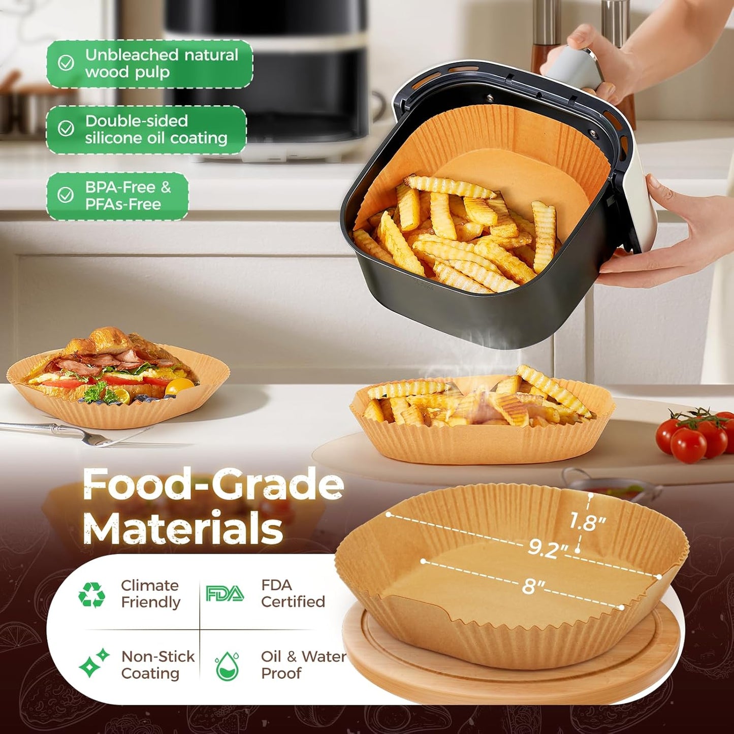 Air Fryer Liners Disposable, 100 PCS Non-Stick Air Fryer Paper Liners, Waterproof and Oilproof for Easy Cleanup, 8" Square Unbleached Parchment Paper for 5-8 QT Air Fryer, Baking, Microwave, Oven