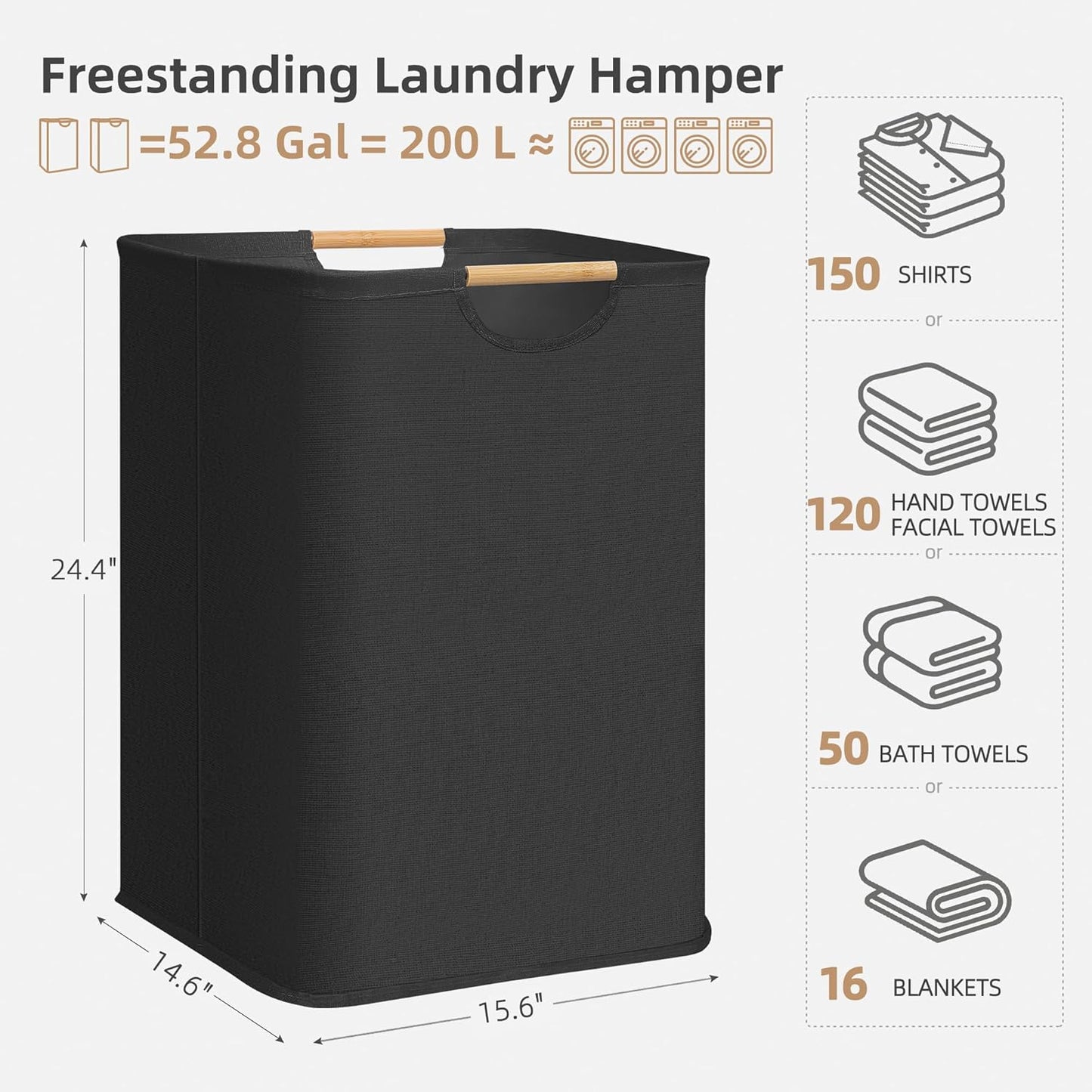 STORAGE MANIAC 2-Pack Large Laundry Hamper, 100L (26.4 Gal) Collapsible Laundry Basket with Bamboo Handles, Freestanding Waterproof Clothes Hamper for Laundry Room, Bedroom, Dorm, Towels, Toys, Black