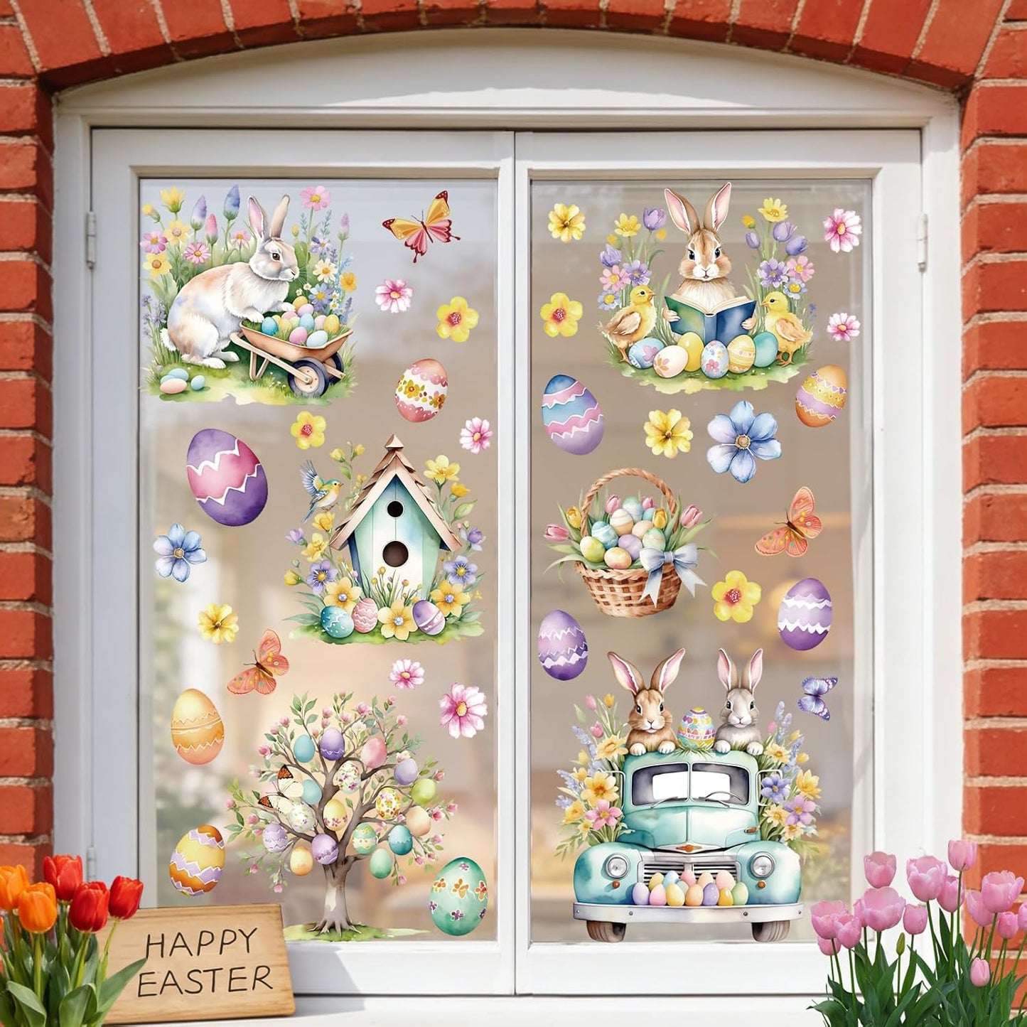 9 Sheets Easter Window Clings for Glass Windows - Watercolor Bunny & Egg Holiday Window Stickers - Spring Decorations for Home, Office & Classroom - Double-Sided Static Decals