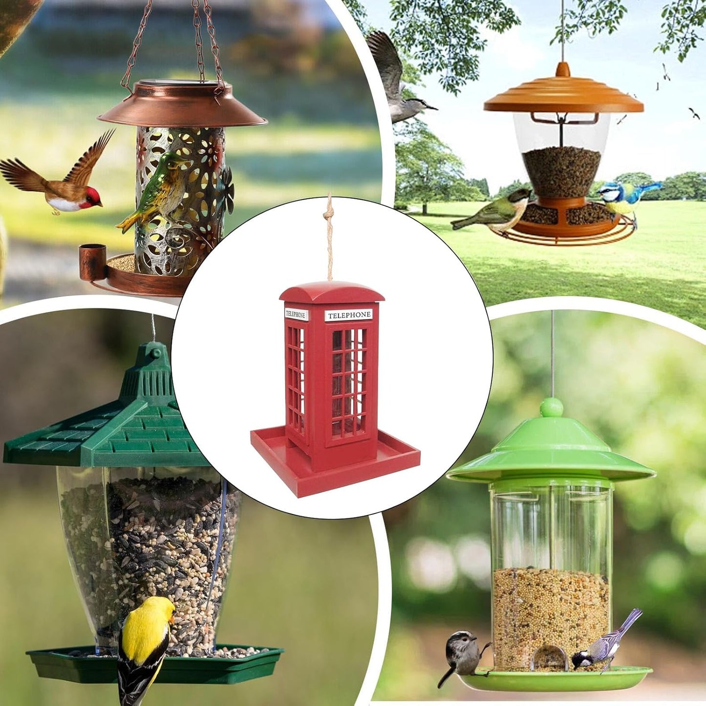 Bird Feeder - Red Telephone Box Shape | Wooden Spill Resistant Feeder with Hangable Design for Outdoor Birds, Garden Backyard Balcony Porch Yard Decoration and Feeding Station