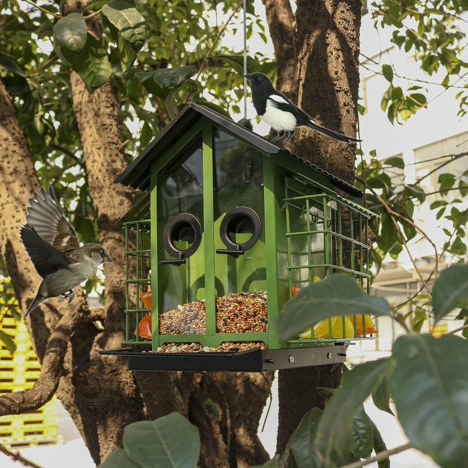 Decorative Outdoor Bird Feeders Squirrels Proof Double Roof Metal Bird