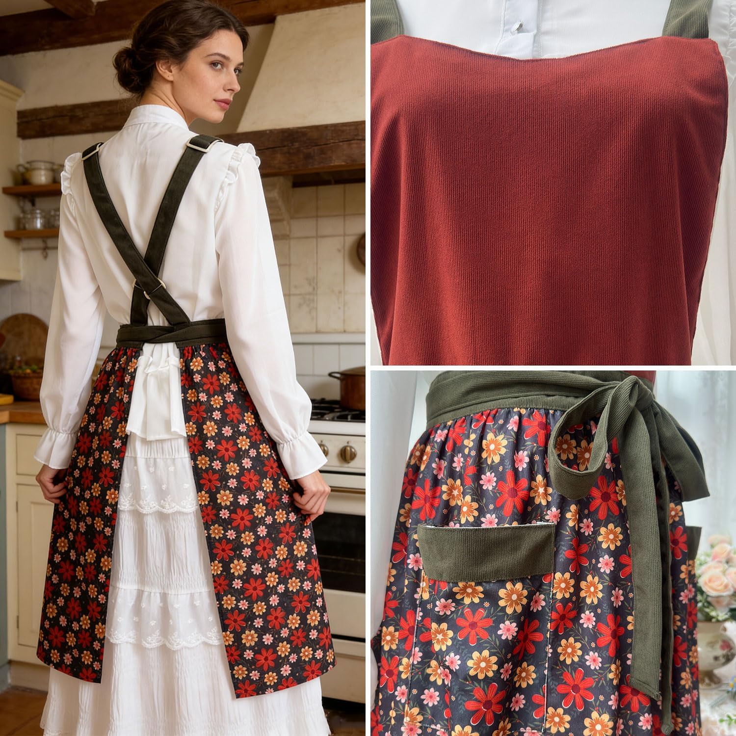 Uaussi Pinafore Apron Dress for Women Adjustable Floral Work Aprons fo