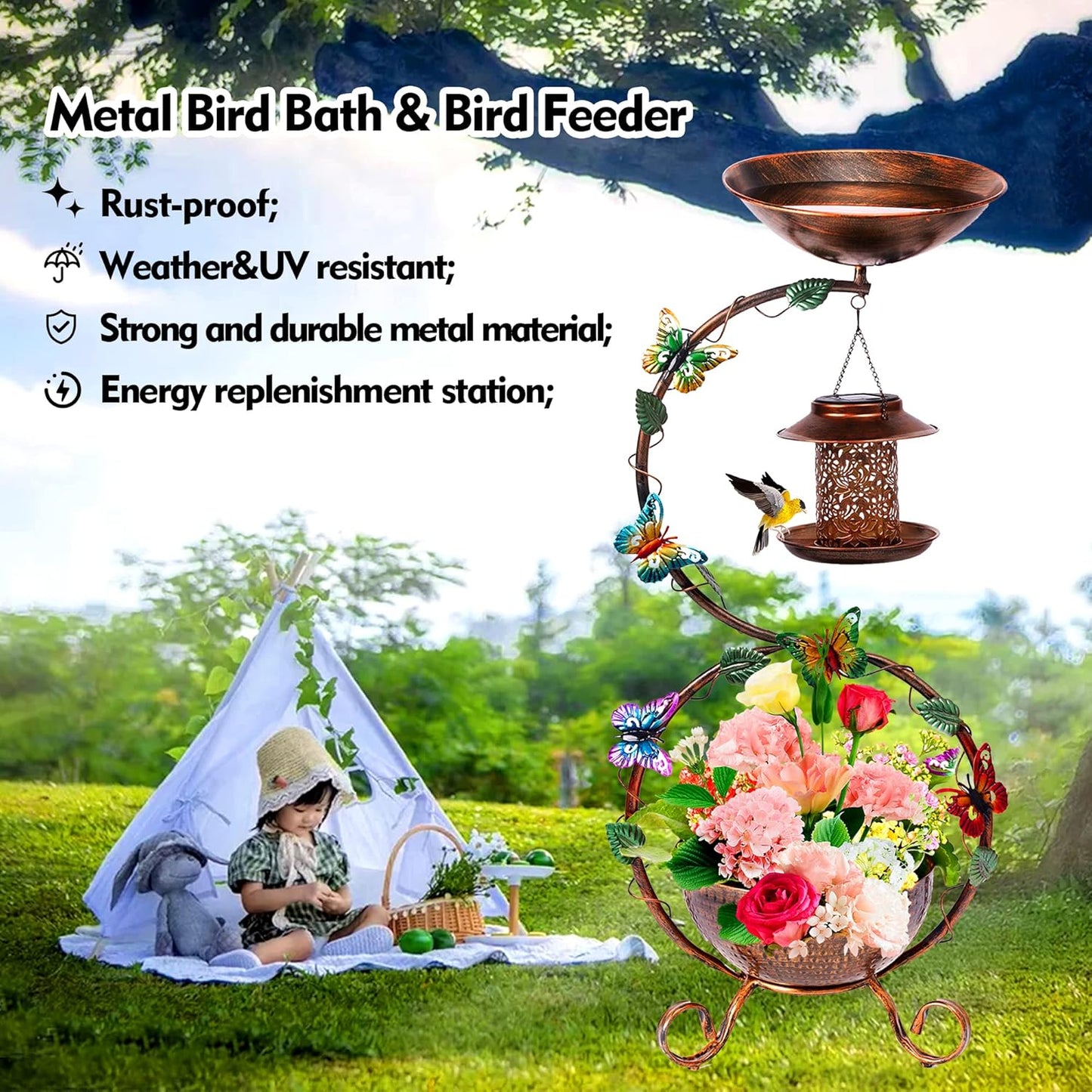 37.8" Bird Bath and Solar Bird Feeders Combo with Flower Planter Pedestal, Metal Bird Baths for Outdoors, Decorative Birdbath with Butterfly for Outside Garden Yard, Weather Resistant