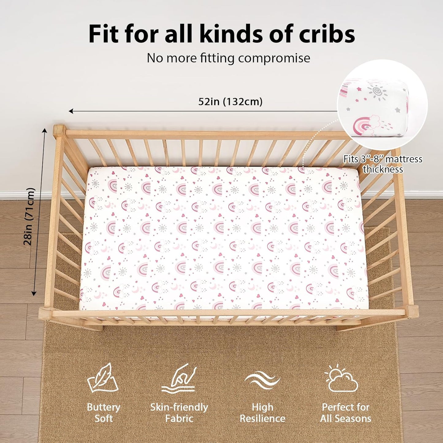 Baby Crib Sheets Girl, 3 Pack Toddler Bed Sheets Fitted for 52”x28” St