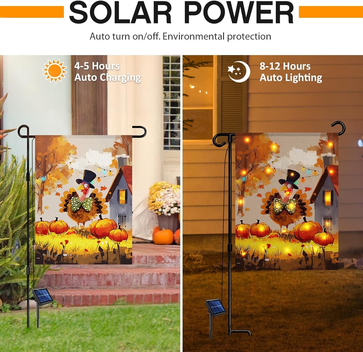 Thanksgiving Lighted Fall Garden Flag, Solar Outdoor Decorative Led Flags Yard Decor, 8 Lighting Modes Led Flag,12x18 Double Sided Turkey Pumpkin Halloween Decorations for Home Porch Outside