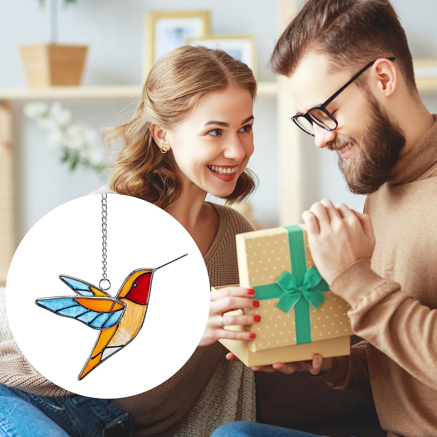Handmade Stained Glass Hummingbird Hanging Ornament - Colorful 4.3x4.9