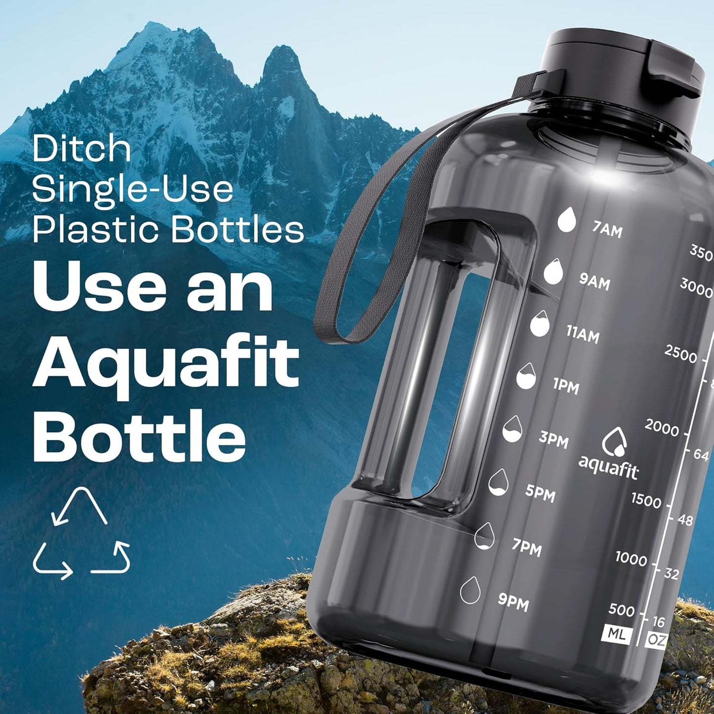AQUAFIT 1 Gallon Water Bottle with Time Marker - Straw & Chug Lid - BPA Free Gym Water Bottle with Straw - Big Gallon Jug (Gray, 128 oz - 2 Lids)