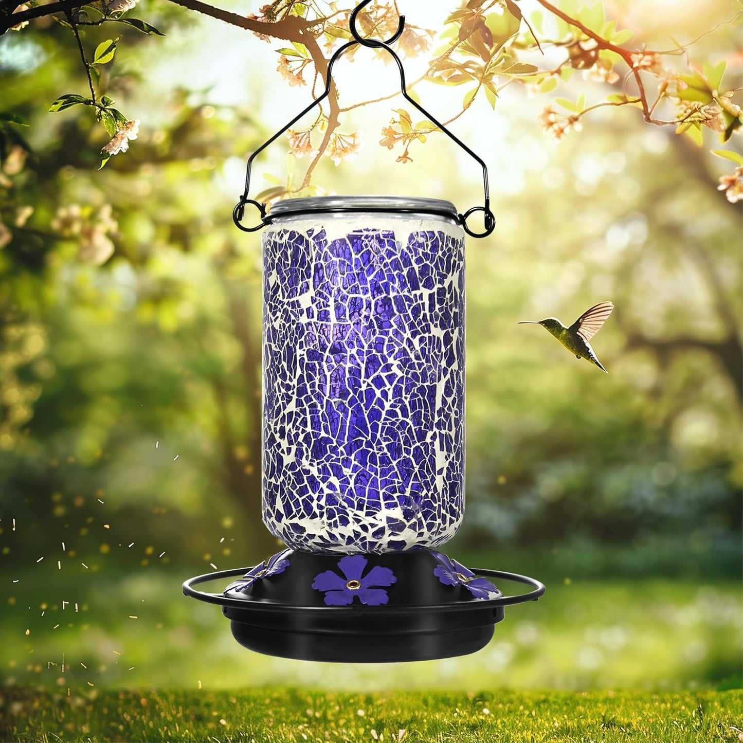 Glass Hummingbird Feeder,Purple Hummingbird Feeders for Outdoors Hangi