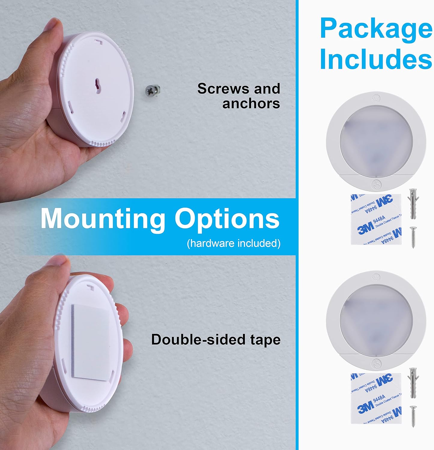 GE Wireless LED Tap-Lights, Battery Operated, 20 Lumens, Touch-Activated Puck Lights, Stick-On for Under Cabinet, Kitchen, Closet, or Garage, 2-Pack 25434