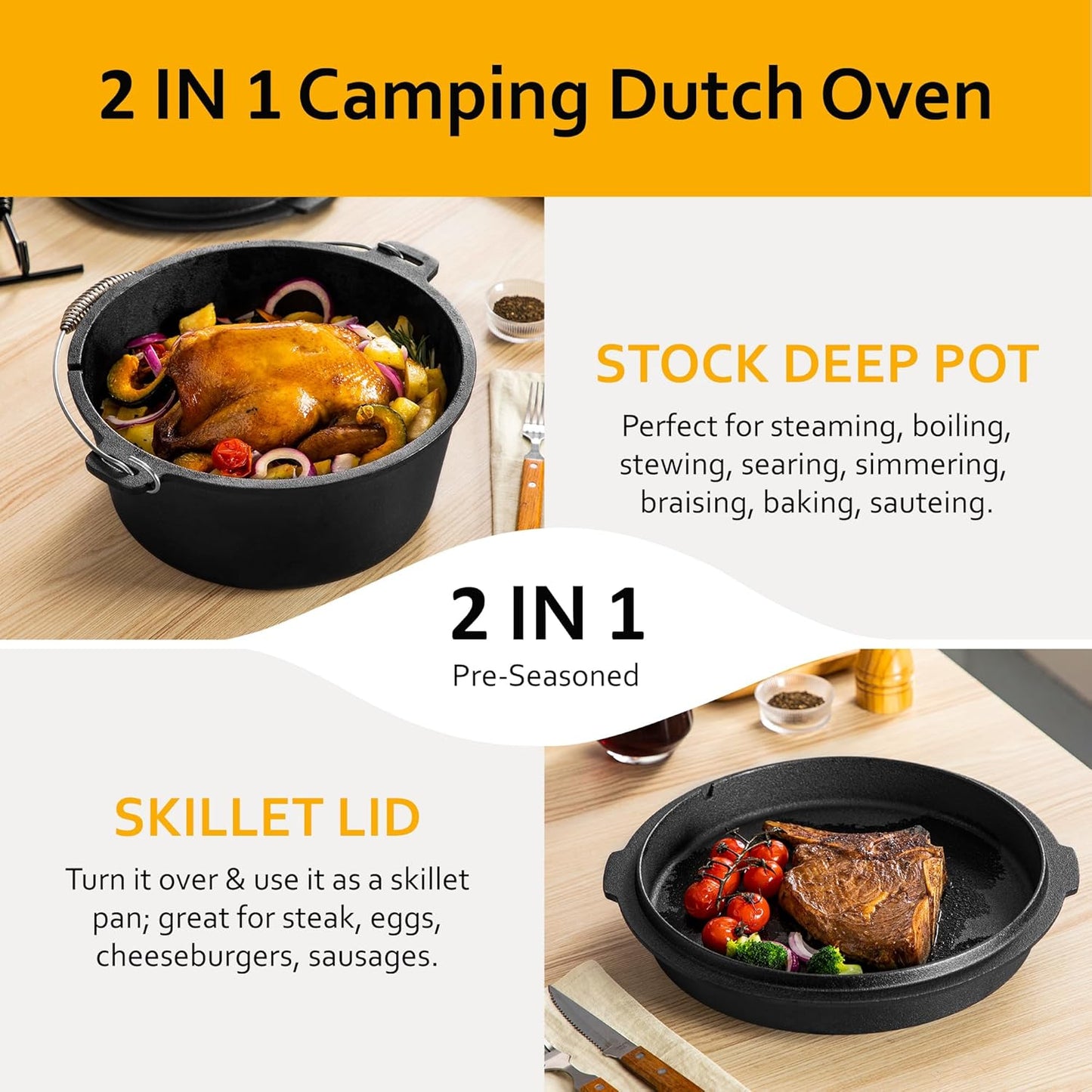 Velaze 10QT Camping Dutch Oven, Pre-Seasoned Cast Iron Camp Dutch Oven