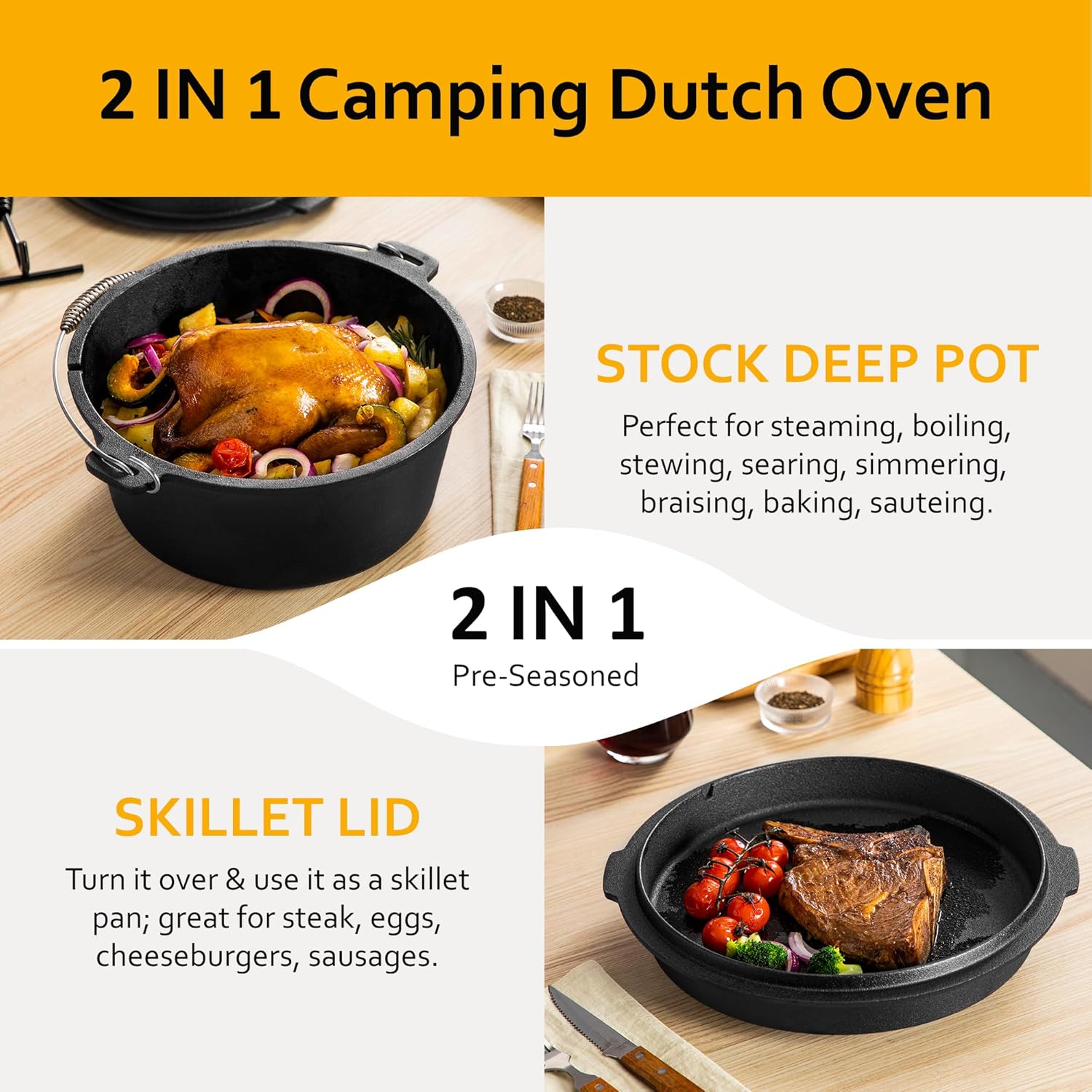 Velaze 10QT Camping Dutch Oven, Pre-Seasoned Cast Iron Camp Dutch Oven