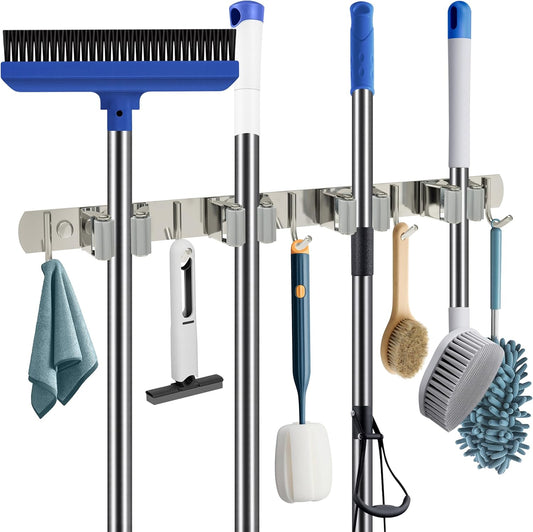 4 Racks 5 Hooks Mop and Broom Holder Wall Mount, Stainless Steel, Heavy Duty Hanger Tool Storage Organizer, Solid Non-slip, for Home, Kitchen, Garden, Laundry Room, Garage, Silver