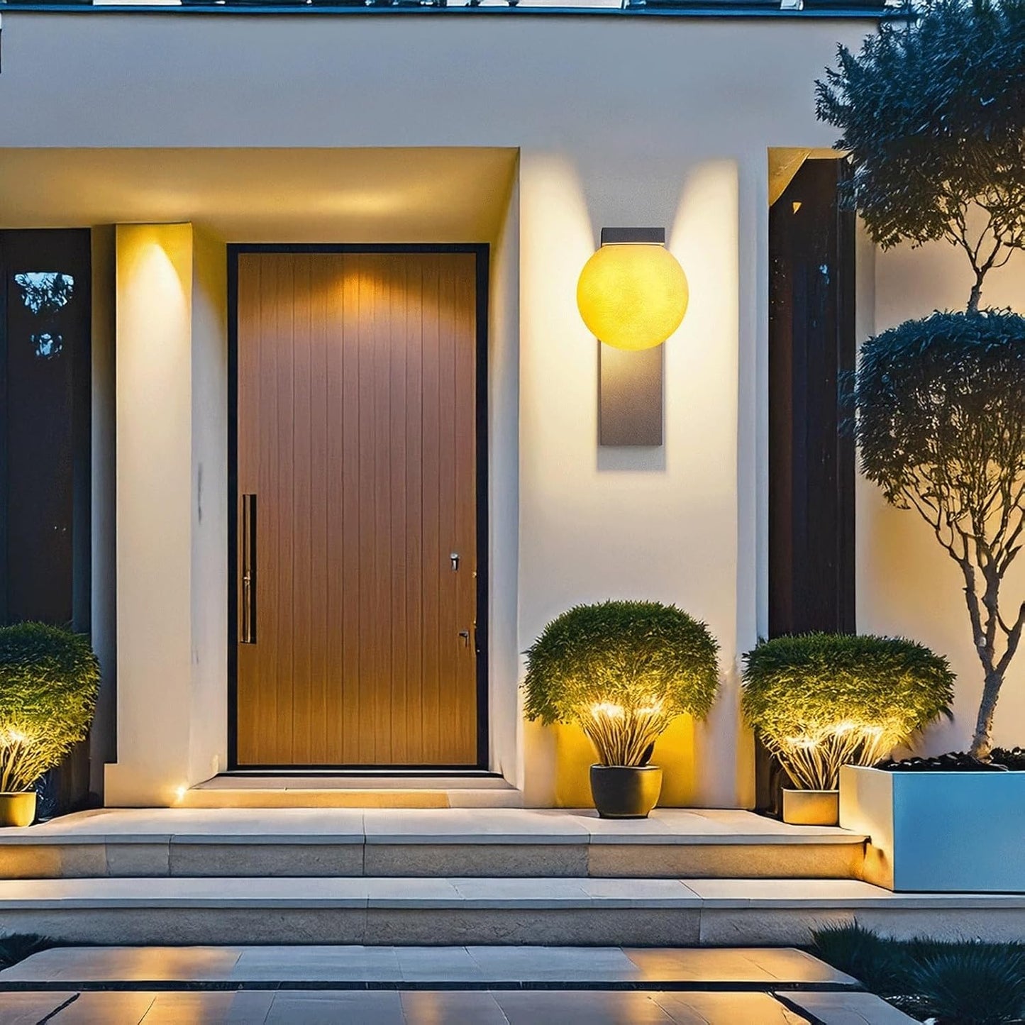Solar Moon Outdoor Wall Lamp, Modern Stainless Steel Sconce with Orb Fiberglass Shade, Waterproof Exterior Light for Poolside Villa Garden Patio Porch Deck Entryway Terrace Cottage