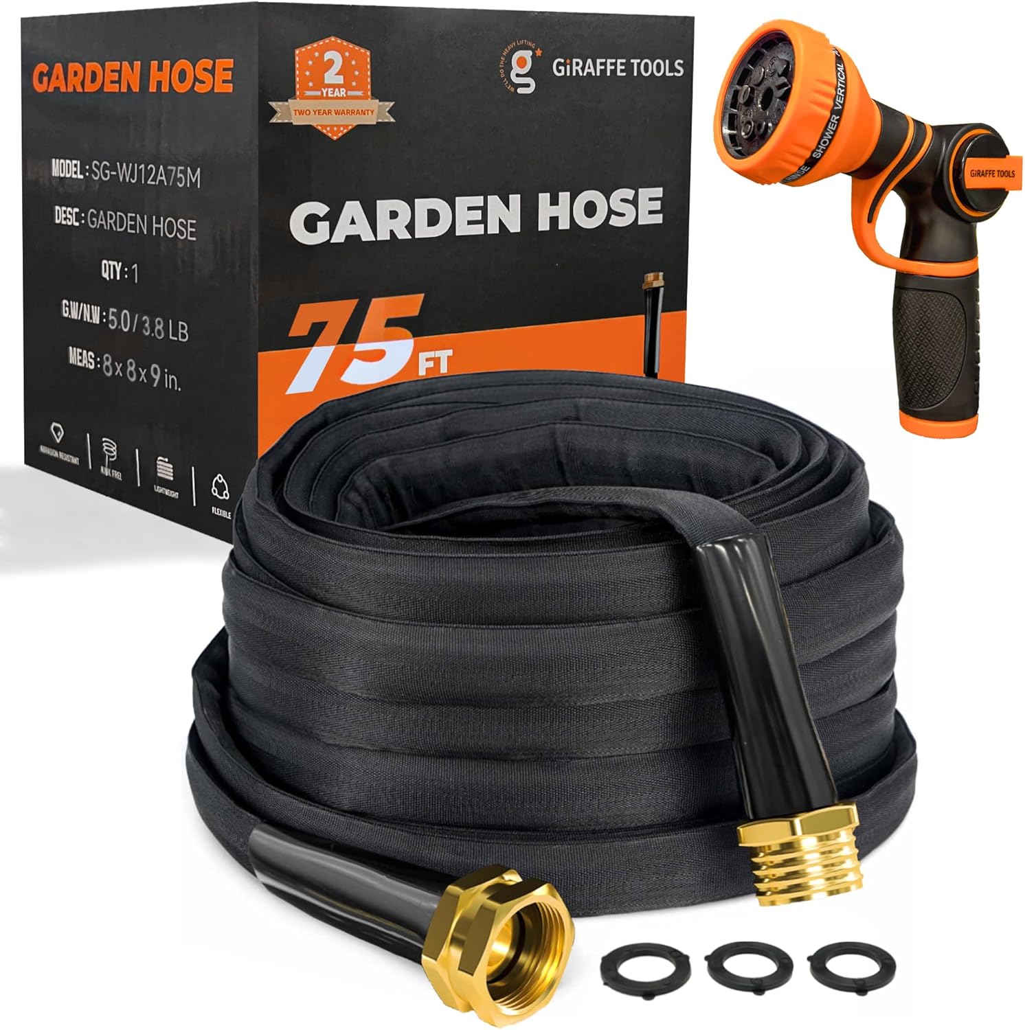 Giraffe Tools Garden Hose 75FT Lightweight Lay Flat Water Hose Kink Fr
