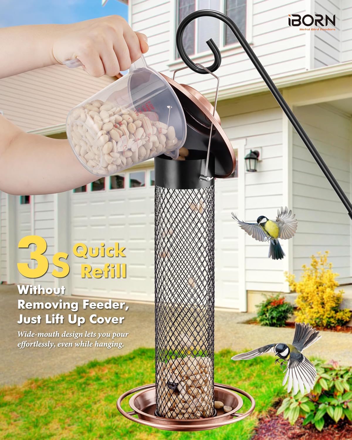 iBorn Peanut Bird Feeder,Sunflower Seed Feeder,13.5 Inch Metal Mesh Tube Bird Feeders for Outdoors Hanging,Squirrel-Proof Birdfeeders for Peanut with 17cm Weatherproof Roof & Tray,2 LB Capacity,Copper