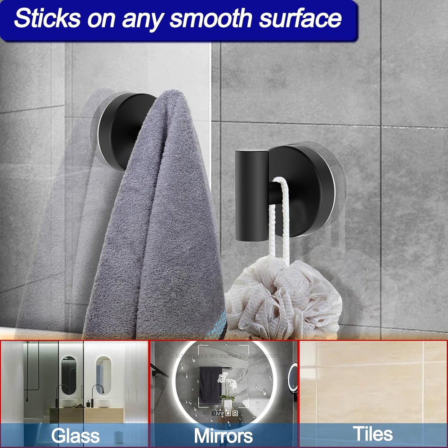 Suction Cup Hooks, Removable Shower Hooks for Inside Shower – Towel Hooks for Bathroom Window Glass Mirror Tile, Bath Robe Looafh Hook for Hanging – Waterproof & Rustproof, Black (2 Pack)