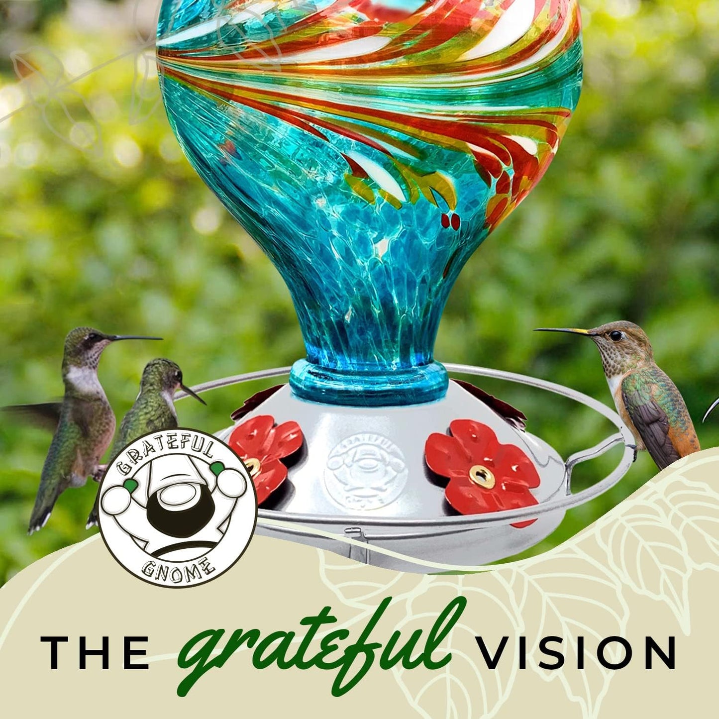 Hummingbird Feeder by Grateful Gnome - Large Hand Blown Stained Glass 
