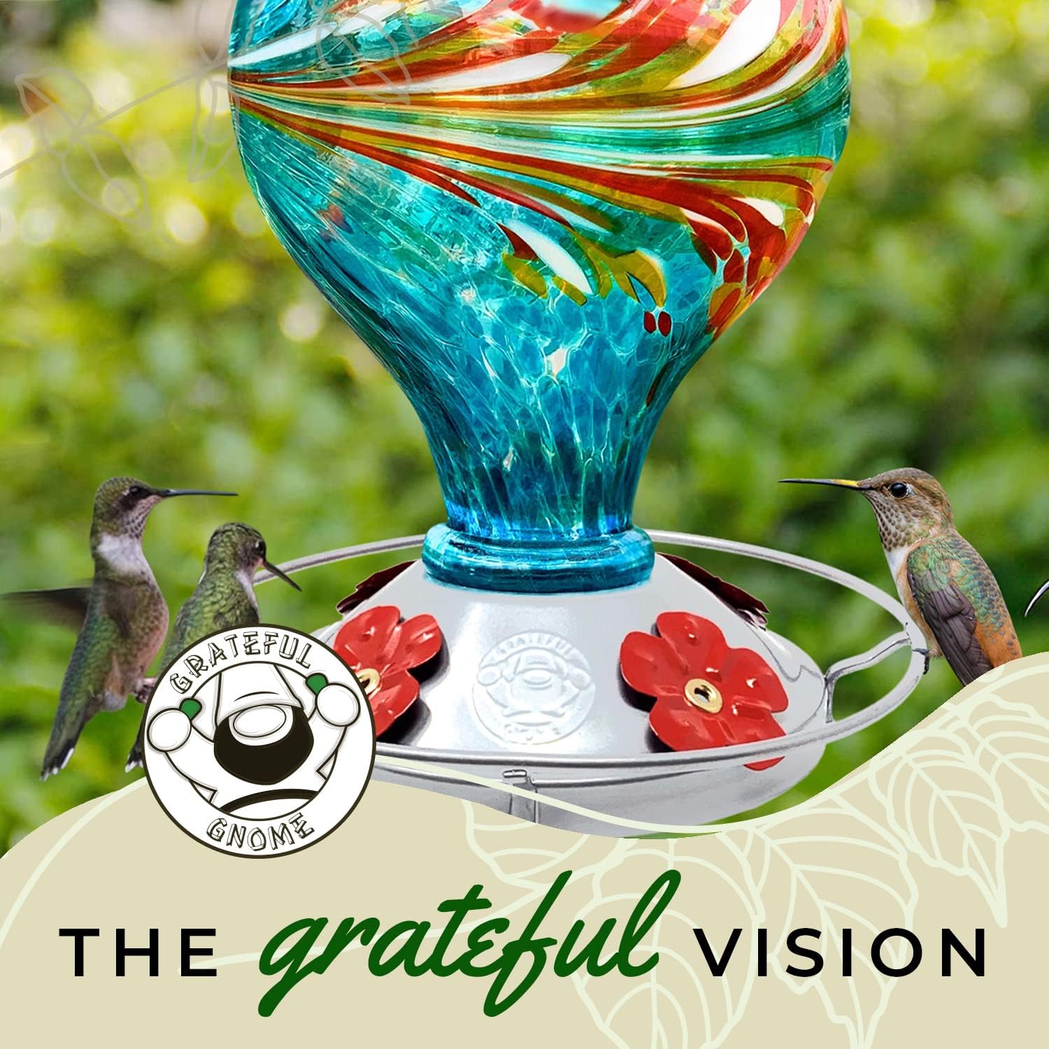 Hummingbird Feeder by Grateful Gnome - Large Hand Blown Stained Glass 