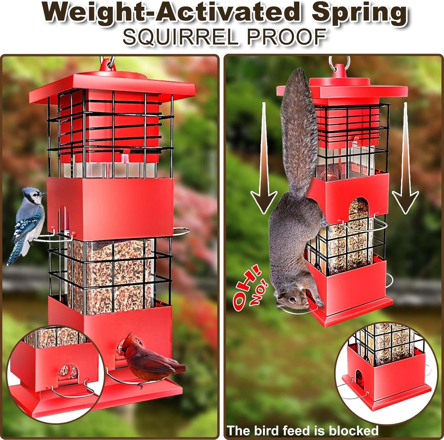 Bird Feeders Squirrel Proof for Outdoors, 3LBS Metal Hanging Bird Feeders, Weight-Activated Perches Anti-Squirrel Birdfeeder for Blue Jay, Cardinal, Outside (Red)