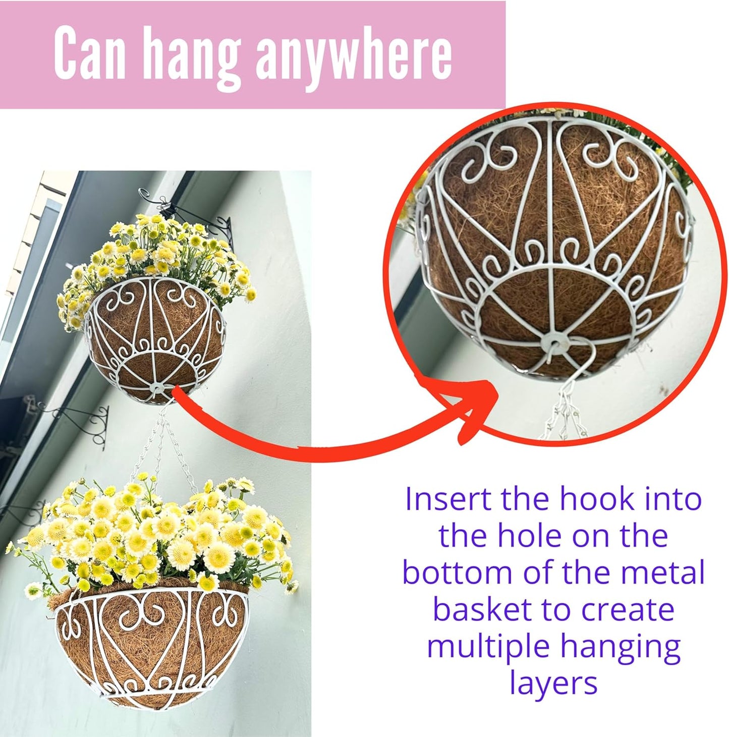 LaLaGreen Hanging Baskets for Plants (4 Pack, 16 Inch) Extra Large Hanging Flower Pot with Coco Liner White Metal Wire Round Plant Holder with Hanger Hook Chain Outdoor Patio Deck Balcony Garden Decor