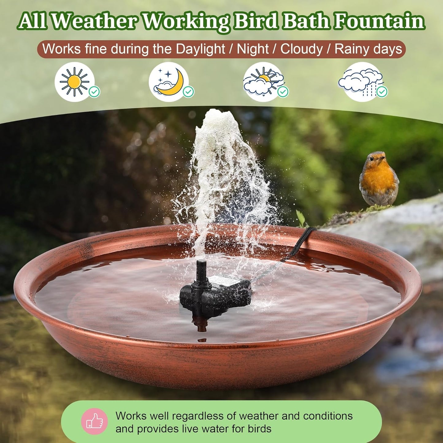 Bird Bath Fountain for Outside, 13.5" Garden Metal Bird Bath Bowl with 8W Water Pump, 2 Nozzles Adjustable Water Fountain for Backyard Patio Garden and Outdoor Water Features